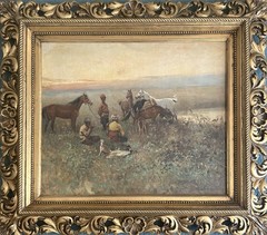 Tadeusz Ajdukiewicz Original Oil On Canvas 1904 men with horses in a landscape