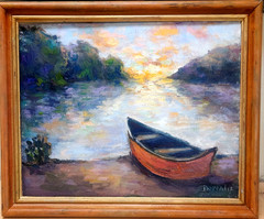 Oil Painting Landscape Boat Shore Water Trees Sunset ORIGINAL Frame by Donalee