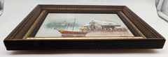 Original Oil Painting Signed Fleet Framed Harbor Scene Fishing Junk Sailing Boat