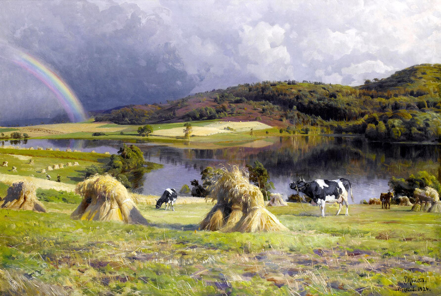 Rainbow landscape and cows Oil painting Giclee Art Printed on canvas L2532