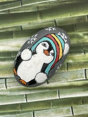 Whimsical Penguin Wearing Snow Hat, Hand Painted Rock, Winter Decor