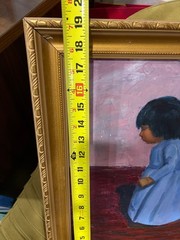 Vintage Painting Acrylic Modernism 70s Gold Frame 19×15 Girl in Blue Dress