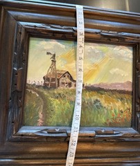Vintage Original Farm Landscape Oil Painting Windmill Barn Rustic Carved Frame