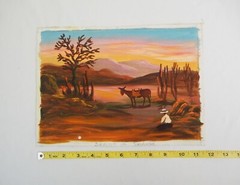 Vintage Hand Painted Peruvian Painting of a Landscape w Mountains, Cacti, Donkey