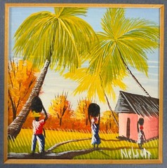 o’o’o . CARIBBEAN ART . Framed and Matted Painting on Wood . signed Nelson