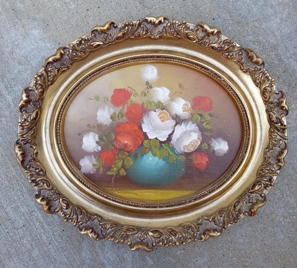 8 x 10 framed vintage oil painting of flowers in vase/total size 11 x 13