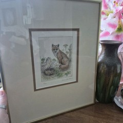 Vintage Art Fox Drawing Art Print Framed By Artist Signed 5/100