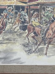 OLD WEST PAINTING COWBOY GUN FIGHT SALOON TOWN HORSE LISTED AMERICAN SLATTERY
