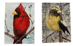 Set Of Signed Acrylic Paint On Canvas Mini Boards Birds Winter Art 5” x 7”