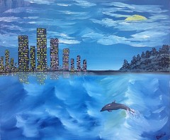 „Dolphin City“ 20in.x24in. Oil painting Original. By Douglas Williams.