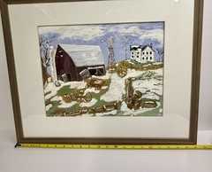 Vintage Signed Oil Painting Farmhouse & Barn Winter Homestead 17 X 21” Framed