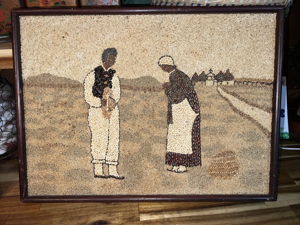 Folk Art Vintage Primitive Seed Painting Husband And Wife Farmers Unusual