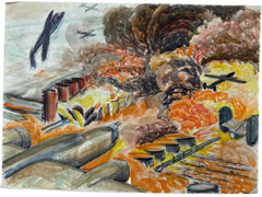 WW II Bombing of Ploesti Oil Fields Watercolor Painting -C.1 960s- I.L. Winarsky