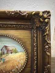 Vintage Pastoral Landscape Barn 2 Girls Oil Painting Beautiful GiltWood Frame
