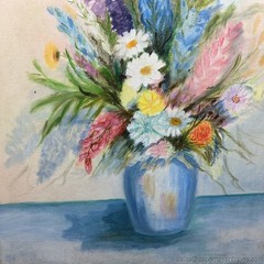 Vintage Oil Painting Still Life Floral Bouquet Pastel Fresh Flowers Framed Signd