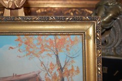 VINTAGE 1940-50’S FRAMED ORIGINAL OIL RUSTIC HOUSE AND RIVER SCENE ARTIST: FARID