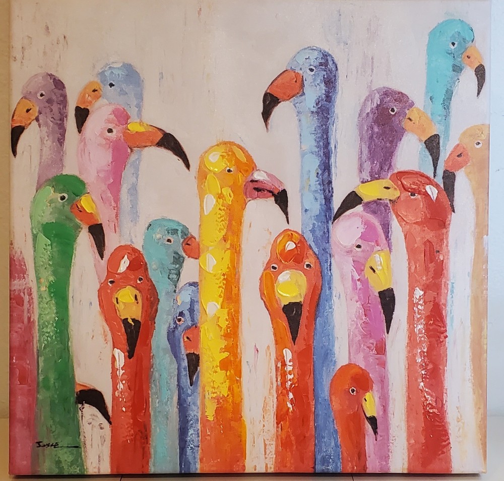 Joyce Signed Small Flamingo Birds Canvas Painting Abstract Contemporary Unframed