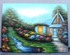 WATERLFALL GARDEN VILLA HOUSE 48″ HAND PAINTED OIL PAINTING DECO ART S282