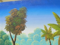 Vintage Haitian naive art colorful painting village scene signed