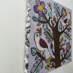 Folk Art ORIGINAL Tree Bird Flower Branch Berry Botanical Bee Nature Whimsy Bugs