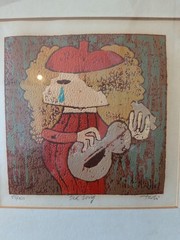 Signed Al Robi linocut art 55/150 Sad Song guitar painting framed autographed