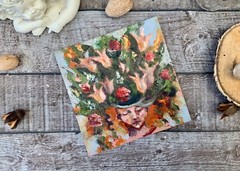 Original Oil Art 6×6” Portrait Woman Face Painting Floral Impasto Oil Painting