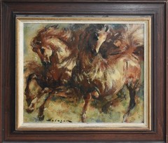 DENES DE HOLESCH-Hungarian/NY Modernist- Original Signed Oil-Two Brown Horses