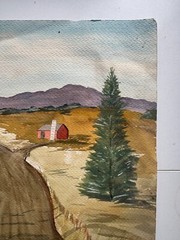 Vintage Watercolor Painting Red Estate Barn Country Road House Field 16″x 13″
