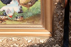 PAIR Flemish school oil panel animal chicken duck Painting signed