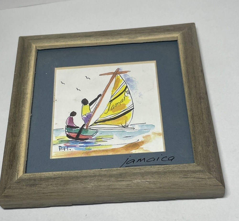 P. Henri Jamaican Souvenir Watercolor Framed And Signed Painting 4.75”x4.75”