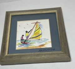 P. Henri Jamaican Souvenir Watercolor Framed And Signed Painting 4.75”x4.75”
