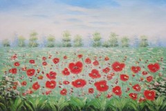 24×36 Red Poppy Field Trees Blue Sky Oil Painting Impressionism Landscape