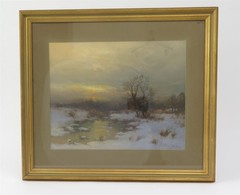 Antique Framed Paul R. Koehler Landscape Snowy Meadow Sunrise 24.5″ x 21.5″