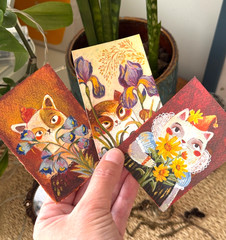 Original ACEO Cat Set 3 Medieval Style Folk Art Miniature Flowers Painting OOAK