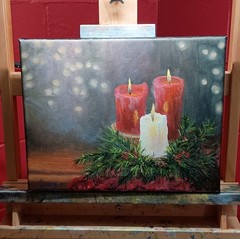 Original Oil Painting Christmas Candles Still Life Realism on Canvas Medium