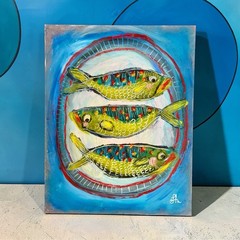 Original Oil Painting Signed Paper Fish on a Plate Food Kitchen Cute Art 11×14