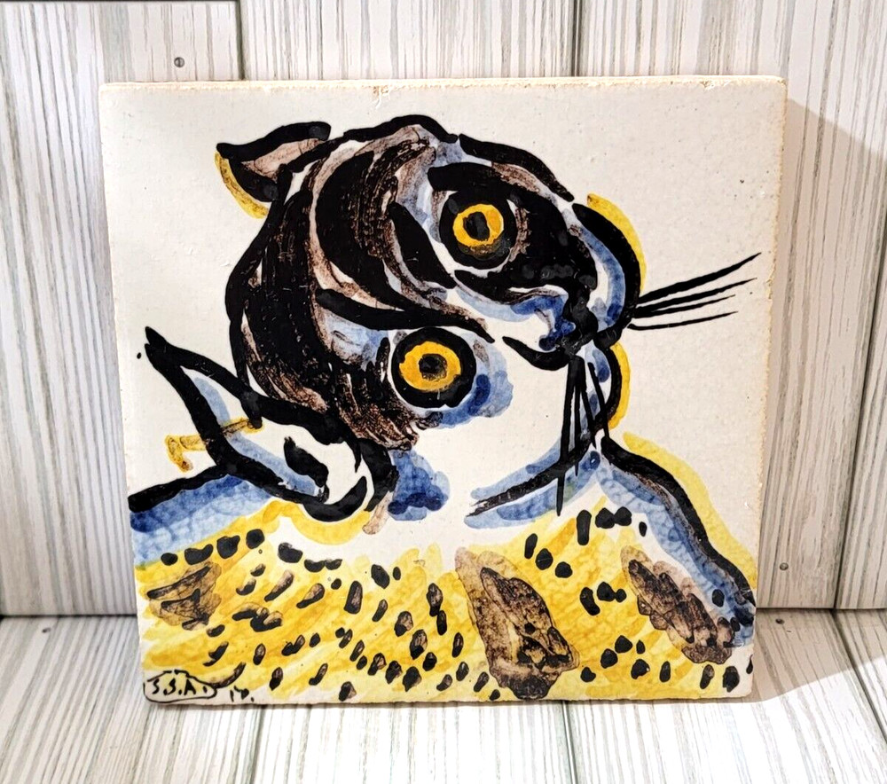 Mixed Media Cat Ceramic Tile Slab Painted Undated Signed Yellow Signed S.SA.