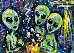 Original ACEO Painting ALIEN Spaceship Stars Fire Earth Universe UFO ATC ART