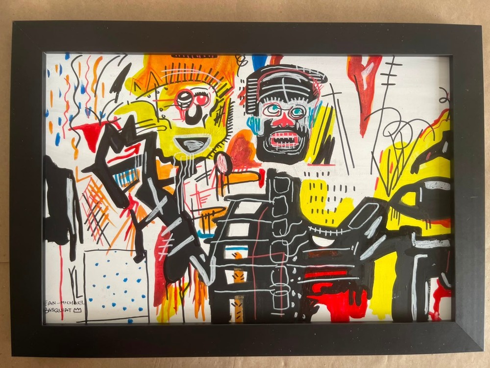 BASQUIAT Drawing and painting on antique wood, signed and sealed, framed in wood