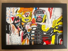 BASQUIAT Drawing and painting on antique wood, signed and sealed, framed in wood