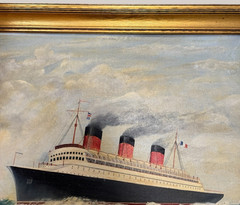 Vintage SS Ile De France Artist Original Oil Painting W. T. Olivea Wood Frame