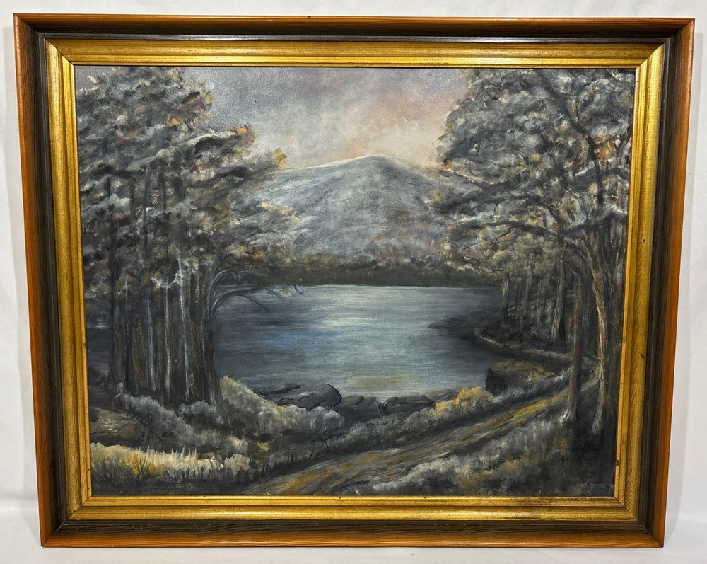 Vintage Original Impressionist Dark Moody Landscape Oil Painting Gilt Framed