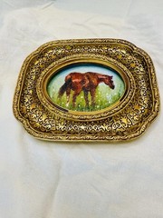 Tiny Horse Oil Painting: Ornate Framed Country Wall Art