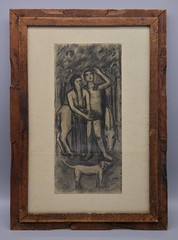 Painting / charcoal drawing around 1920 – nude – lovers with dog – expressionism