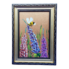 Bumblebee Wildflowers Bluebonnet Original Painting Gold Framed Wall Art Handmade
