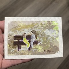 ACEO Hand Painted Couple on the Bench Impressionist Original Painting Acrylics