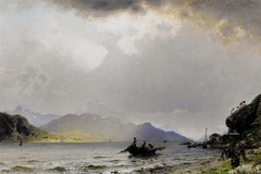 Oil painting Georg Anton Rasmussen – return of the fishing fleet seascape canoes