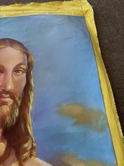 Vintage Jesus Portrait Oil On Cloth 2004 Signed 36×26.5” Sacred Heart – No Frame