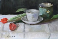Abstract vintage WHITE AND GREEN AND RED TULIPS oil painting UKRAINE 8X12
