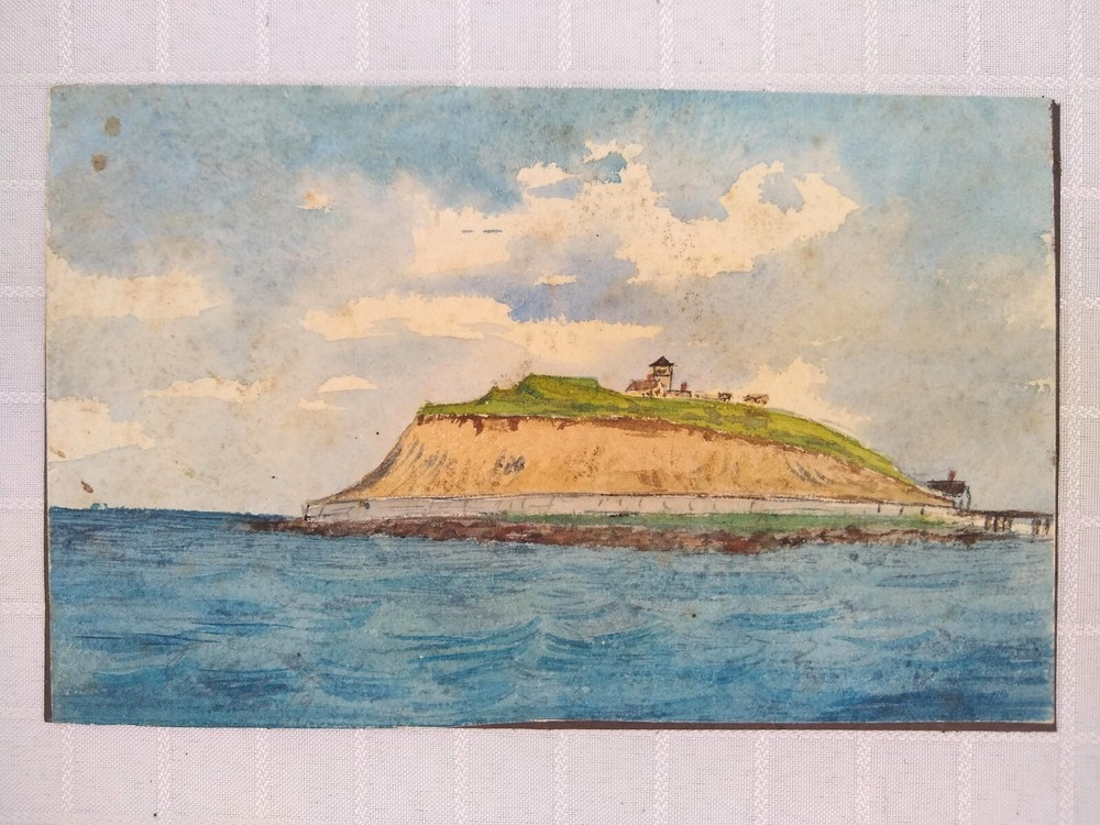 Watercolor Painting Original Ocean Island Houses on Bluff Unframed Vintage